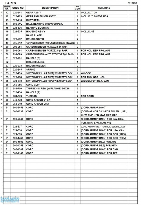 HITACHI Części zamienne do G18SE3.