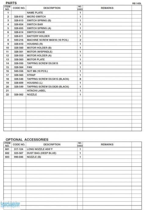 HITACHI Części zamienne do RB14DL.