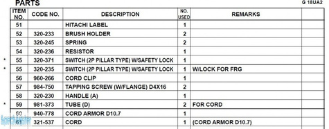 HITACHI Części zamienne do G18UA2.