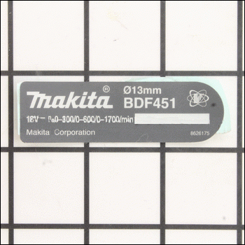 MAKITA Część zamienna do BDF451- Tabliczka znamionowa Nr. 1 Kod: 861819-0 (Produkt Wycofany)