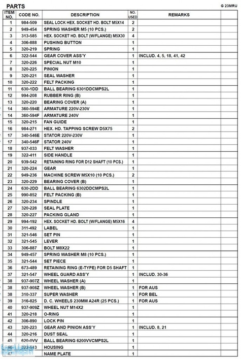 HITACHI Części zamienne do G23MRU.
