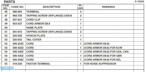 HITACHI Części zamienne do G12SA3.