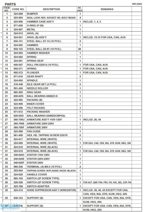 HITACHI Części zamienne do WR22SA.