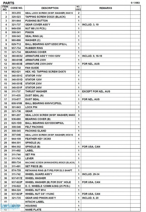HITACHI Części zamienne do G13SE2.