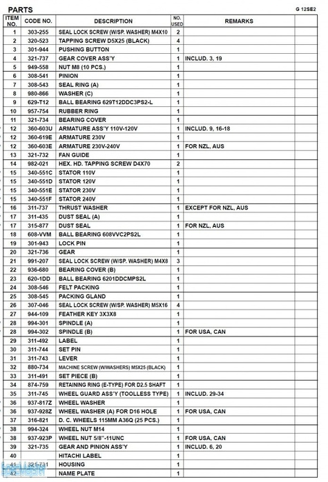 HITACHI Części zamienne do G12SE2.