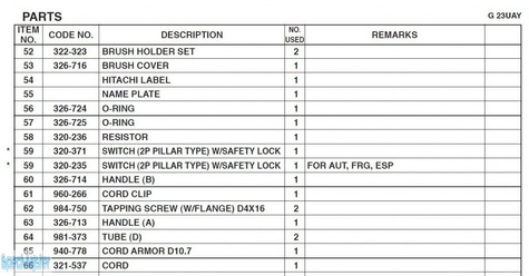 HITACHI Części zamienne do G23UAY.