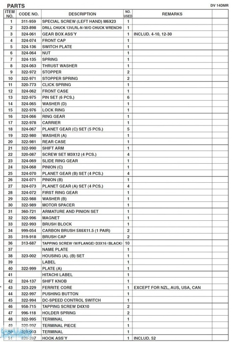 HITACHI Części zamienne do DV14DMR.