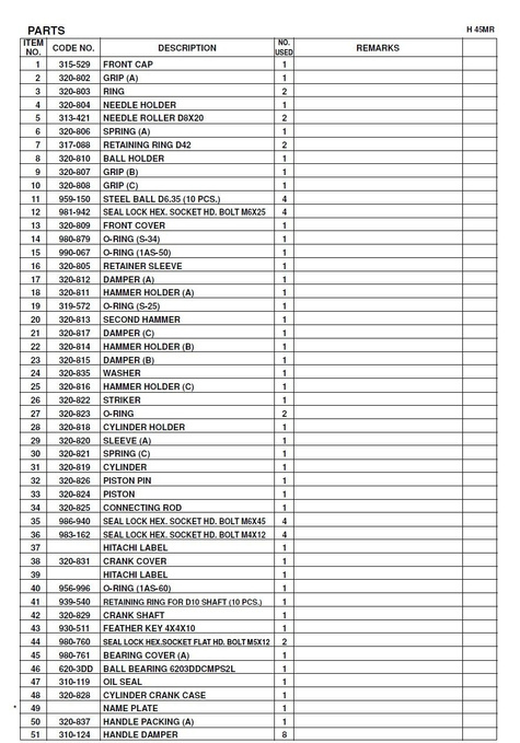 HITACHI Części zamienne do HR45MR