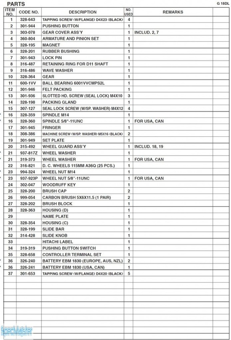 HITACHI Części zamienne do G18DL.