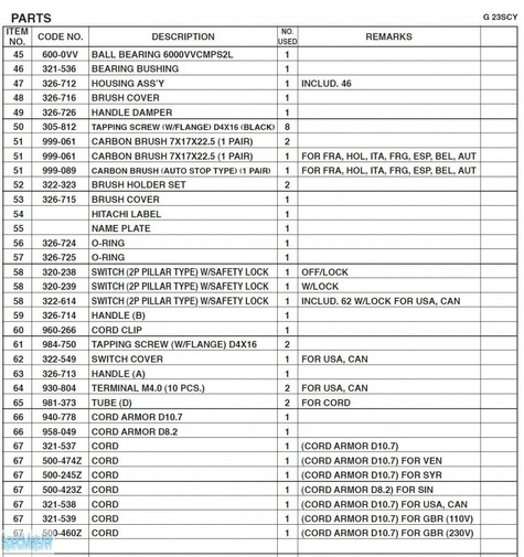 HITACHI Części zamienne do G23SCY.