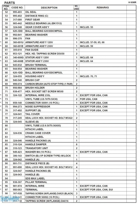 HITACHI Części zamienne do H60MR.