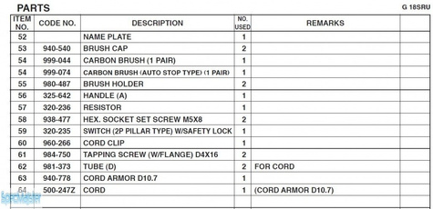 HITACHI Części zamienne do G18SRU.