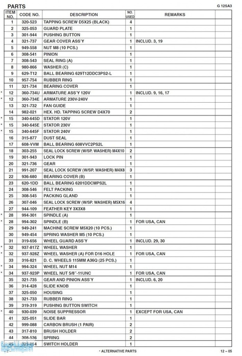 HITACHI Części zamienne do G12SA3.