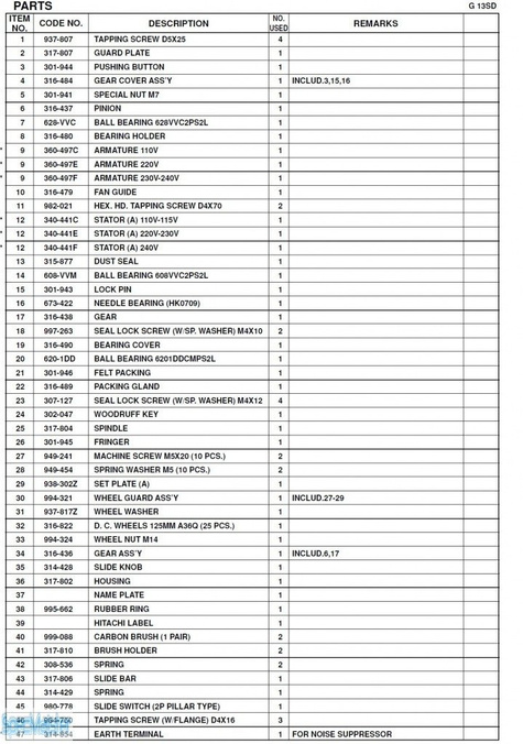 HITACHI Części zamienne do G13SD.