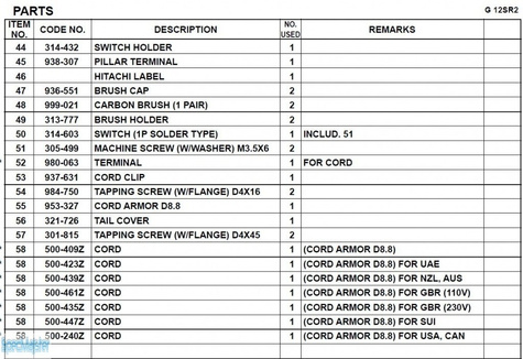 HITACHI Części zamienne do G12SR2.