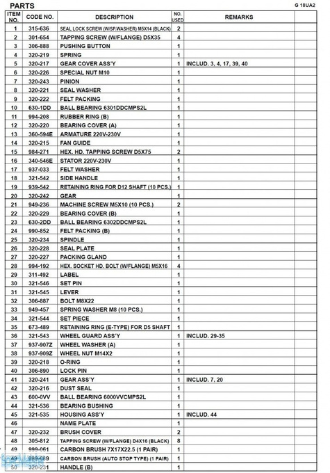 HITACHI Części zamienne do G18UA2.