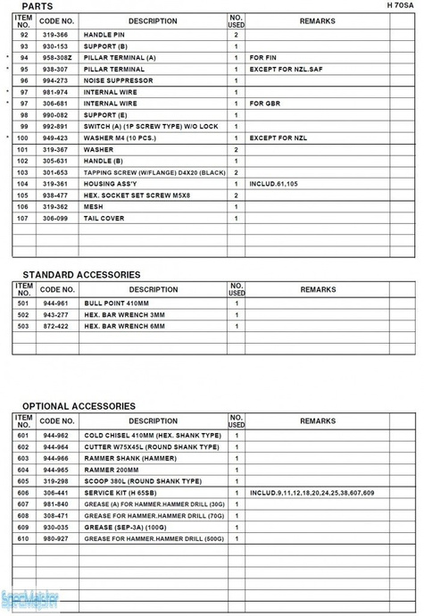 HITACHI Części zamienne do H70SA