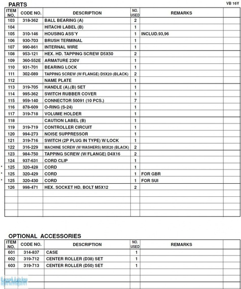 HITACHI Części zamienne do VB16Y.