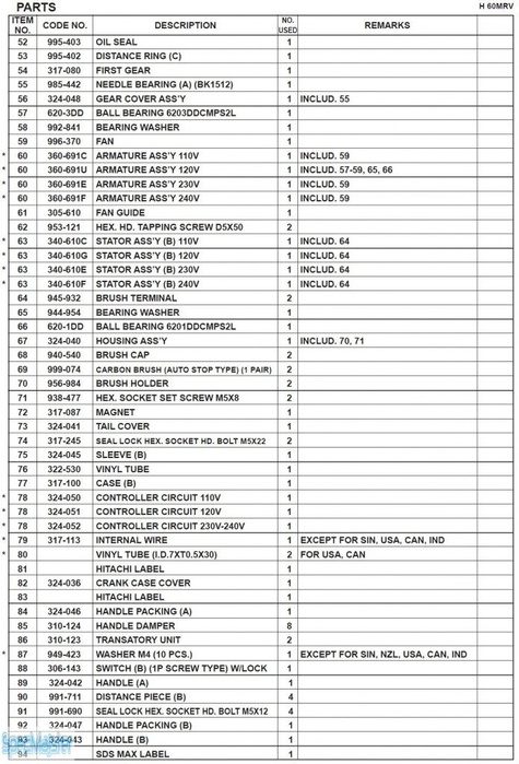 HITACHI Części zamienne do H60MRV.