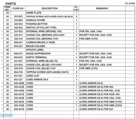 HITACHI Części zamienne do DV20VB2.