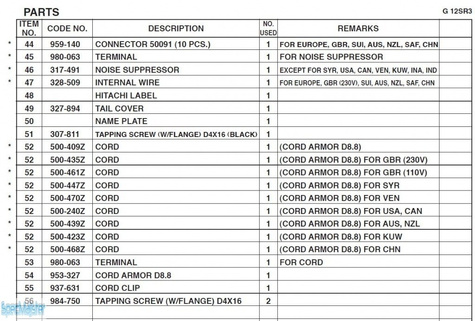 HITACHI Części zamienne do G12SR3.