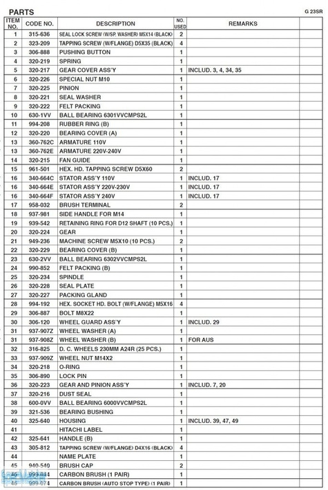 HITACHI Części zamienne do G23SR.