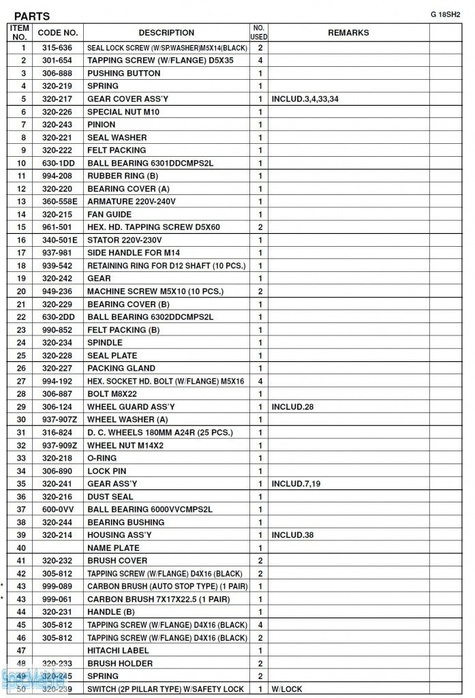HITACHI Części zamienne do G18SH2.