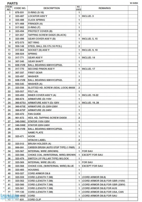 HITACHI Części zamienne do W6VB3.