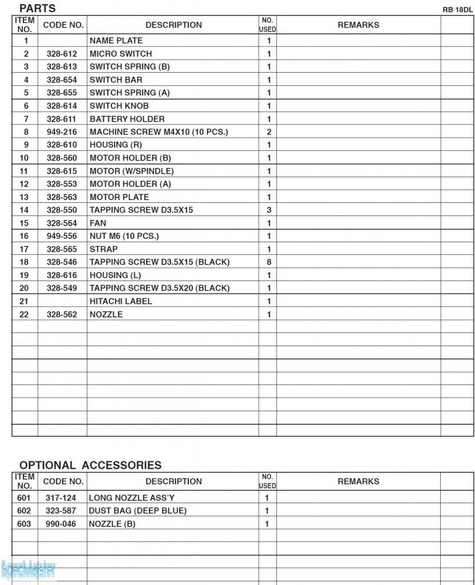 HITACHI Części zamienne do RB18DL.