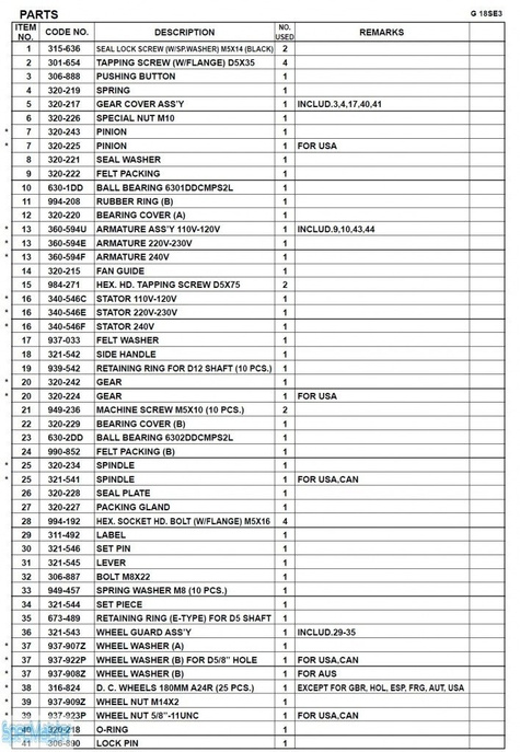 HITACHI Części zamienne do G18SE3.