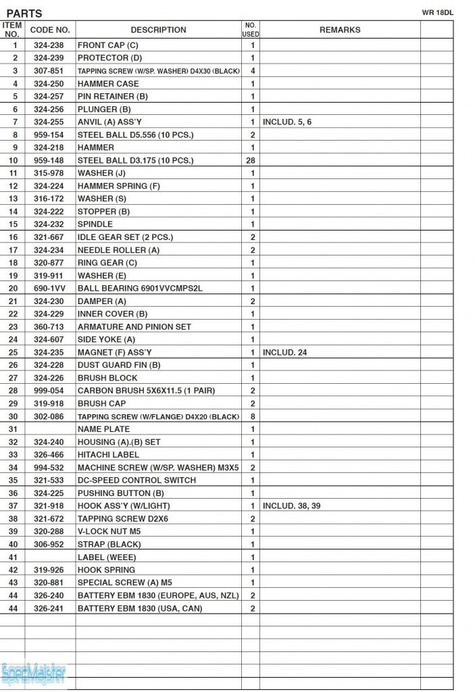 HITACHI Części zamienne do WR18DL.