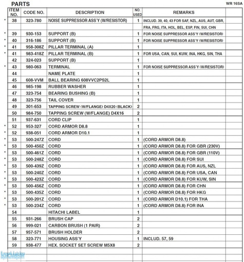 HITACHI Części zamienne do WR16SA.